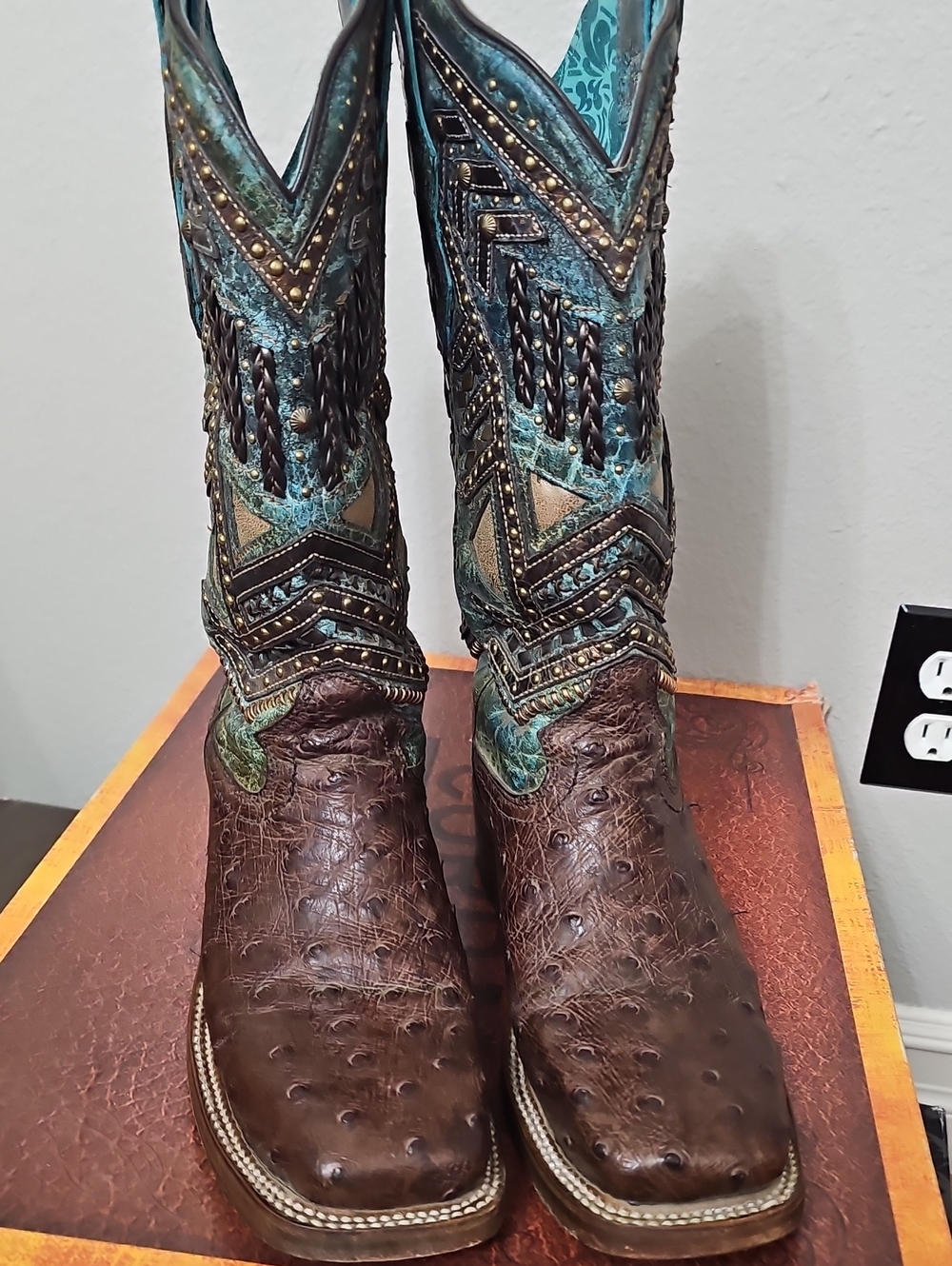 Women's Teal & Brown Ostrich Ankle Booties
